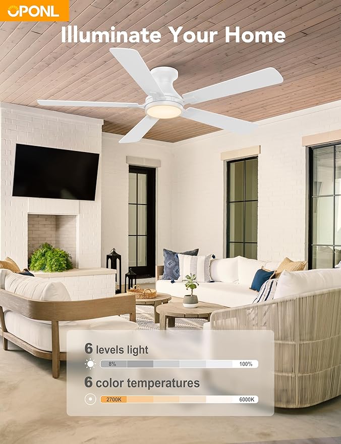 52 Inch White Ceiling Fan with Light with Remote Control, Large Air Volume, modern ceiling fan with light for Bedroom Kitchen Dining room Patio- Flush Mount