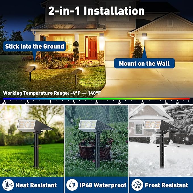 Solar Spot Lights Outdoor,2 Pack/56 LED Outdoor Lights for Yard Waterproof IP68, 4 Lighting Modes Solar Landscape Spotlights, Auto On/Off Solar Powered Flood Lights Garden Pathway,Warm White