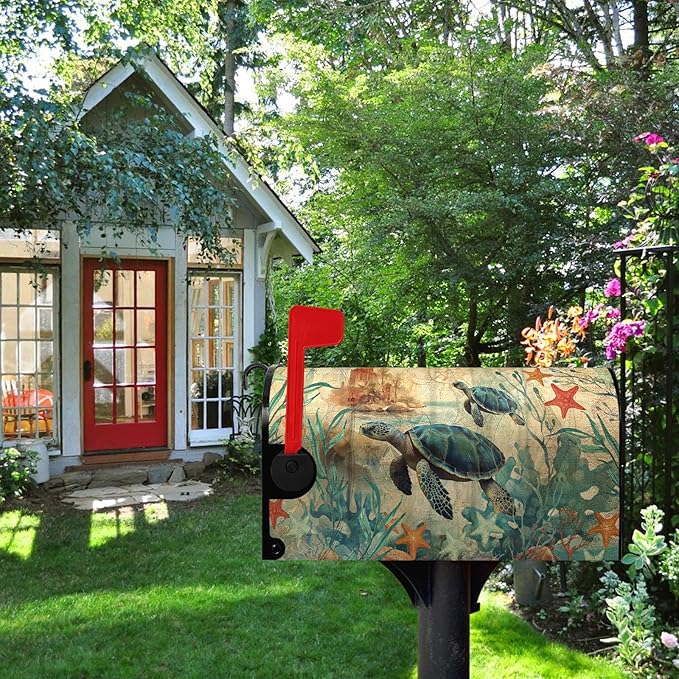 Sea Turtle Mailbox Cover Oversized Summer Nautical Mailbox Covers Magnetic Large Size 25.5x21 Inch Ocean Coral Mail Box Wraps Coastal Post Letter Box Decor