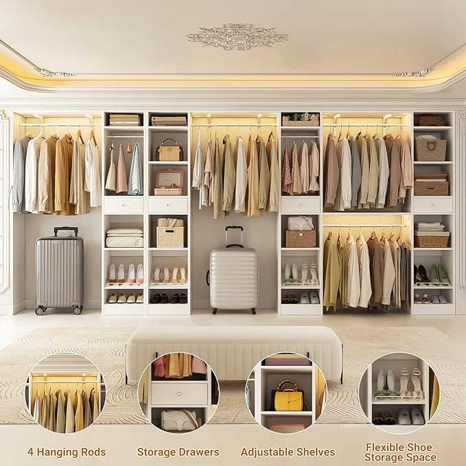 Unikito 10-15FT Closet Systems, Large Wood Walk in Closet Organizer with Hanging Rods and Drawers, Heavy Duty Closets Wardrobe with Shoe Rack, Sturdy Reversible Clothes Closet Kit, White, Set of 2