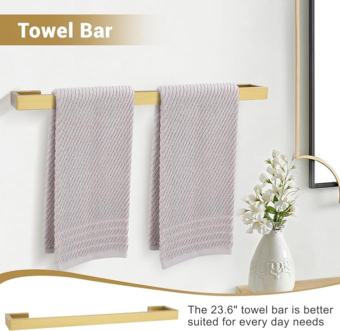 Brushed Gold Bathroom Hardware Set, 4-Piece Bath Towel Bar Set SUS304 Stainless Steel Towel Rack Set for Bathroom, 23.6 inches Bathroom Towel Holder Set Wall Mounted