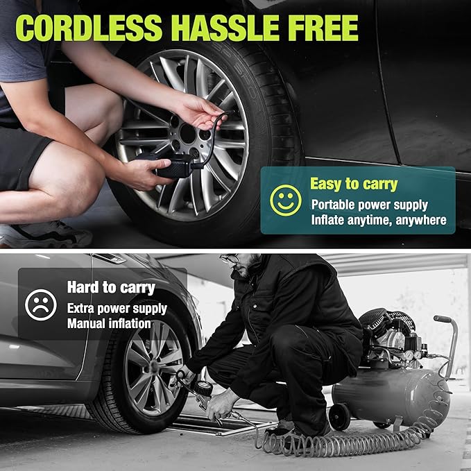 WORKPRO Portable Tire Inflator, 7.2V/12V Small/Mid/Large Air Compressor, Digital Display, Auto Shut-Off, 5 Modes, LED Light, High Airflow, for Car, Motorcycle, Bike, Balls