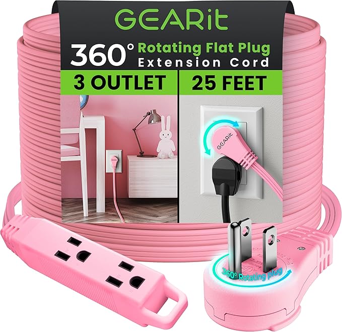 GEARit 360 Rotating Flat Plug Extension Cord with 3 Outlets (25ft, Pink) 16AWG/13A 3 Prong Wire, Outlet Saver for Home Office Dorm Room Essentials, ETL Certified