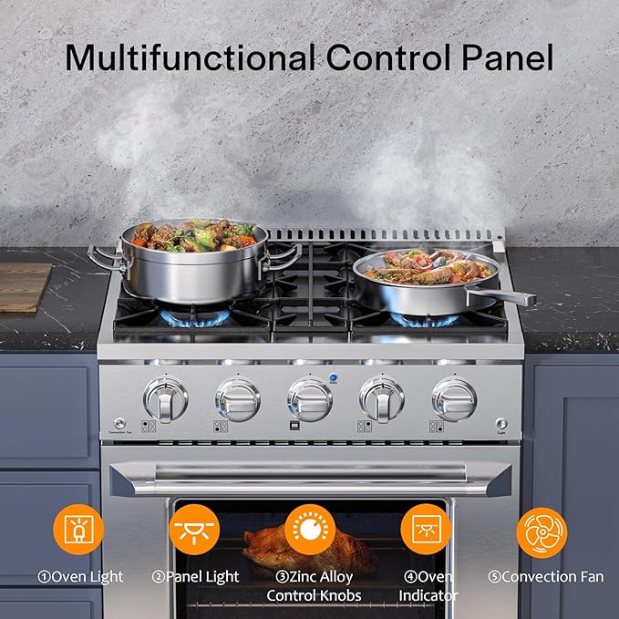 Empava Commercial Gas Range, Freestanding & Slide-In, 4.2 cu. ft. Pro-Style Single Oven with 4 Sealed Ultra High-Low Burners Heavy Duty Grates in Stainless Steel for Kitchen, Restaurant,30 Inch