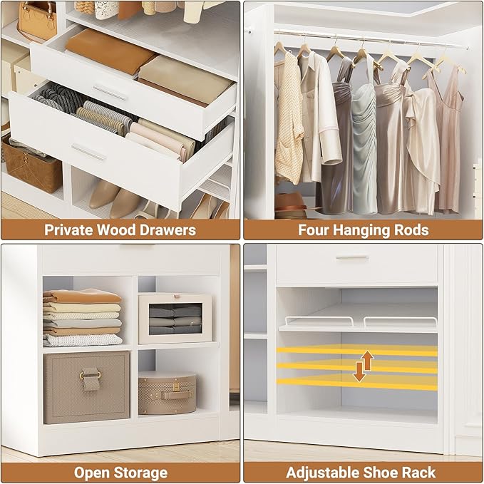 Unikito 86” Corner Closet System, Modular Closets Organizer with 4 Hanging Rods and Storage Shelves, Freestanding Adjustable Wood Clothes Garment Rack with Drawers, Sturdy Walk in Closet Tower, White