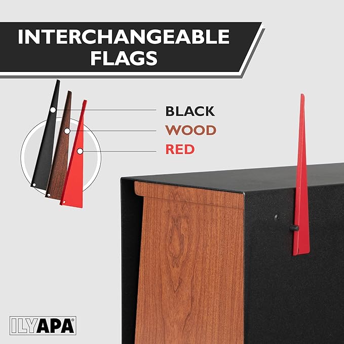 Ilyapa Modern Mailbox for Post Mount - Black Powder Coated Metal Mailbox with Ash Wood Door - Waterproof for Parcels, Recessed Magnetic Close Door