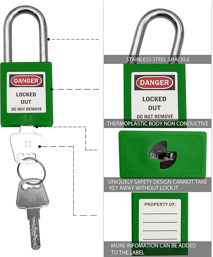 Lockout Tagout Locks, Safety Padlock, Keyed Differently Loto Safety Padlocks for Lock Out Tag Out Kits Station (Green NO.11-20)