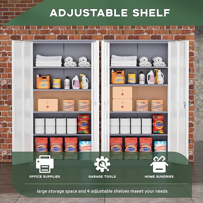 Greenvelly Metal Storage Cabinet with 2 Doors and 4 Adjustable Shelves, Lockable Steel Tool Cabinet for Home, Office, Garage, Classroom (Grey White)