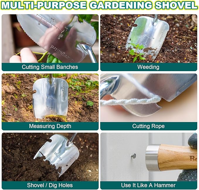 Berry&Bird Weeding Trowel, Multi- Use Hand Shovel with Serrated Blade Stainless Steel Garden Trowel Plus Size Potting Trowel with Wooden Handle for Transplanting, Digging, Measuring, Cutting Roots