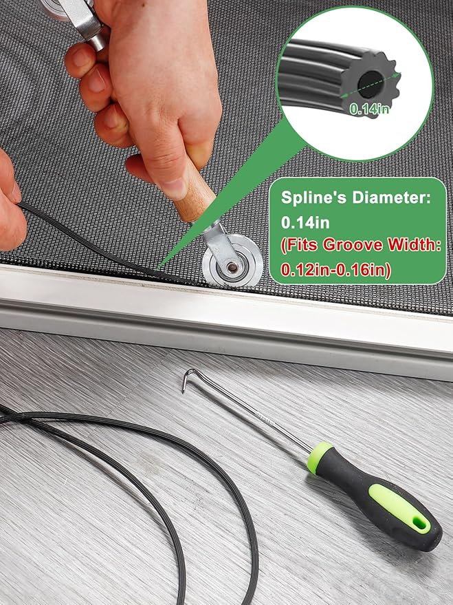 Screen Repair Kit - 3 in 1 Screen Tools Including Screen Roller Screen Spline (32 ft) Removal Hook and Instruction for Replacing & Installing Door Window Screens