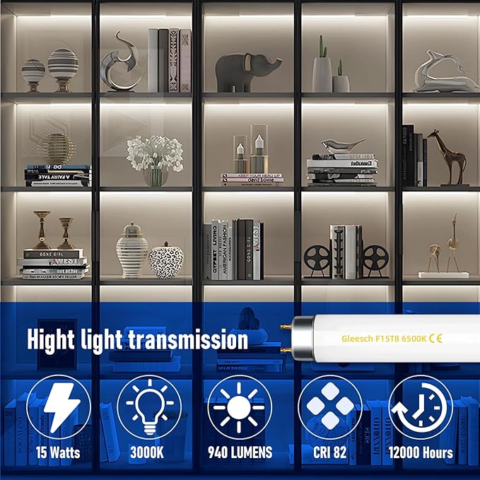 15W 18" T8 Linear Fluorescent Light Tube Bulb, 1.5 Feet F15T8 DL Medium Bi-Pin G13 Base 6500K Daylight 6 Pack