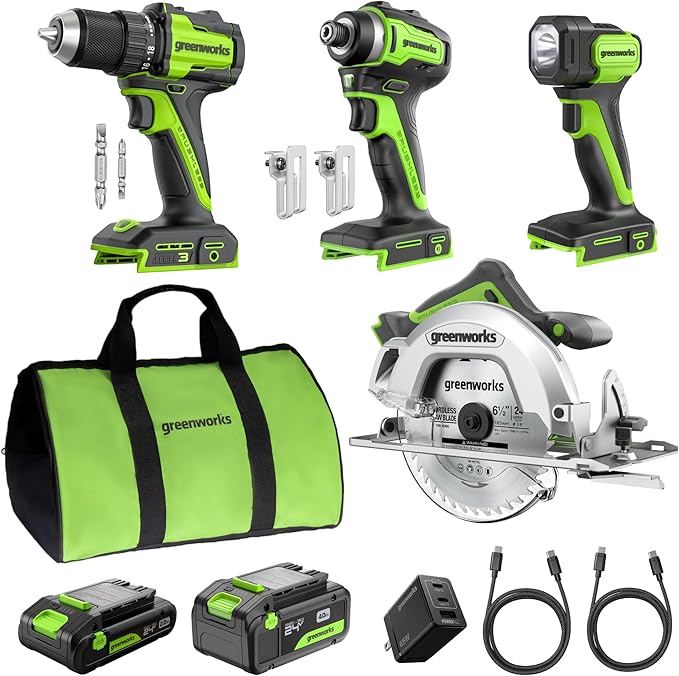 Greenworks 24V Cordless Brushless 4PCs Combo, 400 in-lbs Drill/Driver+1950 in-lbs Impact Driver +6.5" Circular Saw +200LM Flashlight, 2.0Ah+4.0Ah Batteries (24,000mAh Power Bank) 65W USB-C Charger