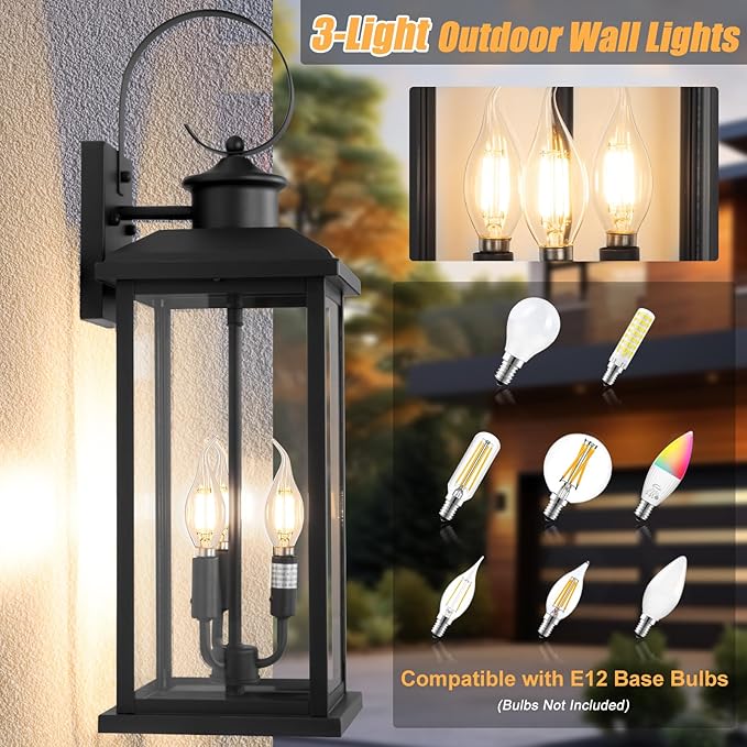 24" Extra Large Outdoor Wall Light Fixture 2-Pack, Black 3-Light Modern Porch Lantern, Waterproof Exterior Lighting Sconce Wall Mount, Outside Lamp for House Garage Patio E12 Base
