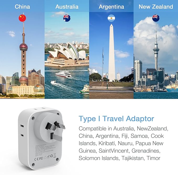 TESSAN Australia Power Plug Adapter, US to New Zealand Power Adapter with 4 American Outlets 3 USB Charger, Type I Travel Adaptor for USA to Australian, China, AU, Argentina, Fiji, Cook Islands, Samoa