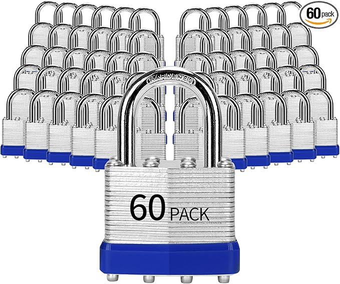 Padlocks Keyed Alike, Pack of 60, Laminated Steel Keyed Lock (1-9/16", 40mm), Padlocks with Same Key, Normal Shackle, for Toolbox, Locker & StorageUnit or More