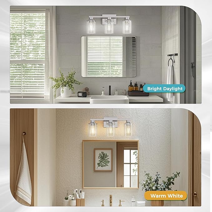 DORESshop 20 Inch Bathroom Light Fixtures, 3-Light Chrome Bathroom Lighting Fixtures Over Mirror with Clear Glass Shade, Vanity Lights for Living Room Bedroom