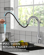 FORIOUS LED Kitchen Faucet with Pull Down Sprayer, Chrome Single Handle Stainless Steel Traditional Sink Faucets with LED Light Sprayer Head, Suitable for Farmhouse Laundry Camper Rv Bar