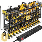 49.5" W Large Power Tool Organizer Wall Mount with Charging Station, 4-Tier Heavy Duty12 Cordless Drills Holder Load 600 lb, Tool Battery Storage Rack Built in 8 Outlet Power Strip for Garage