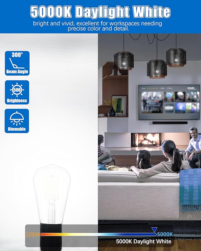 MASTERY MART 36 Pack Vintage LED Edison Bulbs, E26 Led Bulb 5.5W Equivalent to 60W, Dimmable, 5000K Daylight White, High Brightness ST58 Antique LED Filament Bulbs, Clear Glass