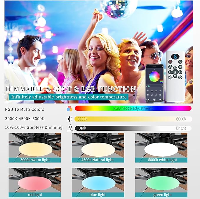 52inch Brown Ceiling Fans with Lights and Remote/App Control, Low Profile Ceiling Fan with Light and 6 Double-Side blades, Flush Mount, LED/RGB Dimmable DC Reversible Modern Ceiling Fan for Bedroom