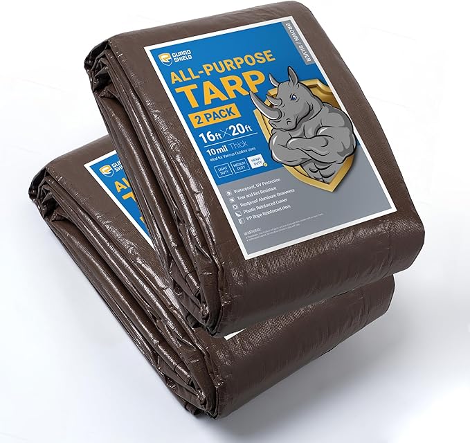 GUARD SHIELD Tarps Heavy Duty Waterproof 16x20 Feet Brown/Silver Poly Tarp Cover Outdoor Thick UV Resistant Tarpaulin with Grommets 10mil (2-Pack)