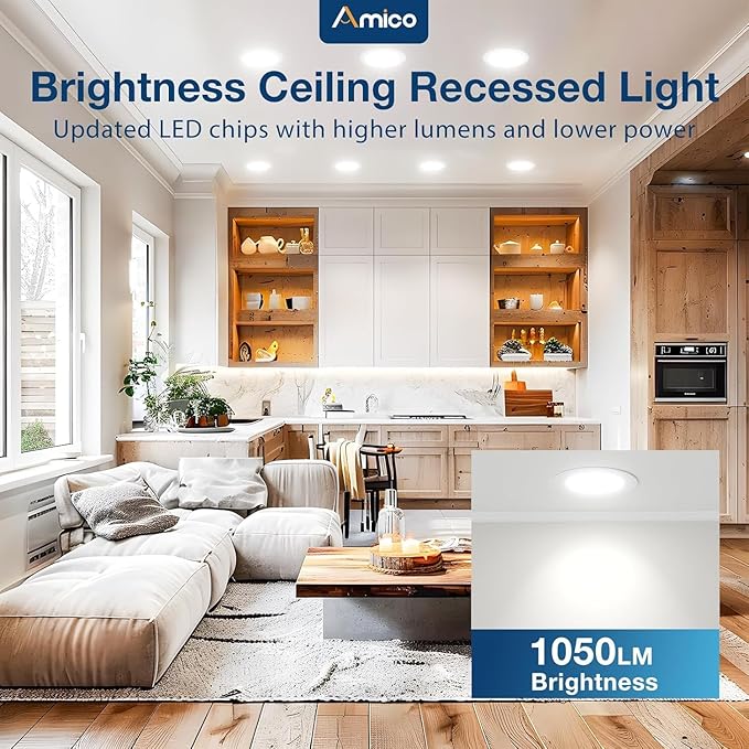 Amico 36 Pack 6 Inch 5CCT Ultra-Thin LED Recessed Ceiling Light with Junction Box, 2700K/3000K/3500K/4000K/5000K Selectable, 1050 Lumens, Dimmable Canless Wafer Downlight, 12W Eqv 110W-ETL&FCC