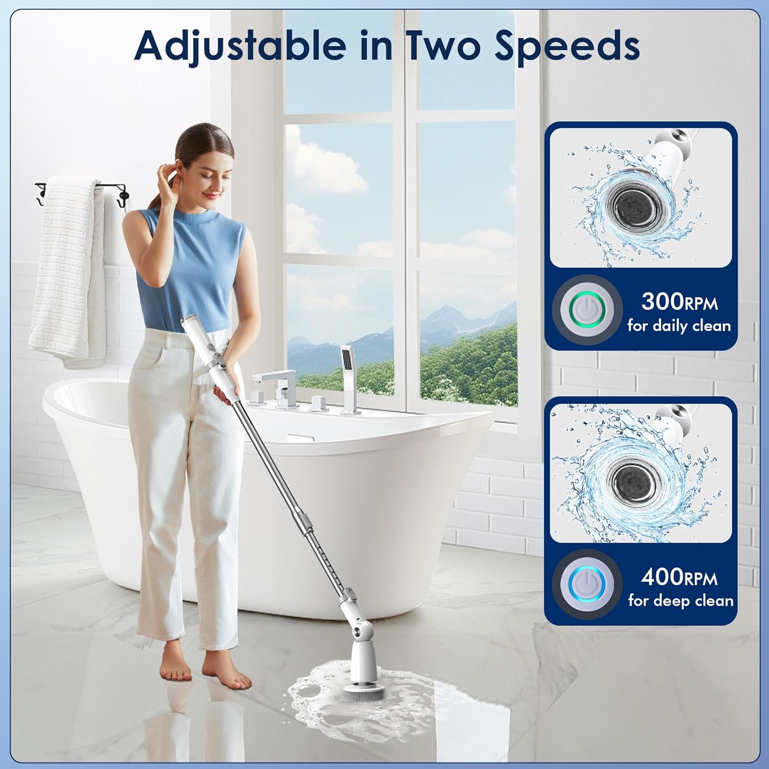 Marchpower Electric Spin Scrubber, Power Shower Scrubber Cordless Cleaning Brush 6 Replaceable Brush Heads, 2 Speeds, Adjustable Detachable Handle, IPX7 Waterproof Bathroom Scrubber Tub Tile Floor