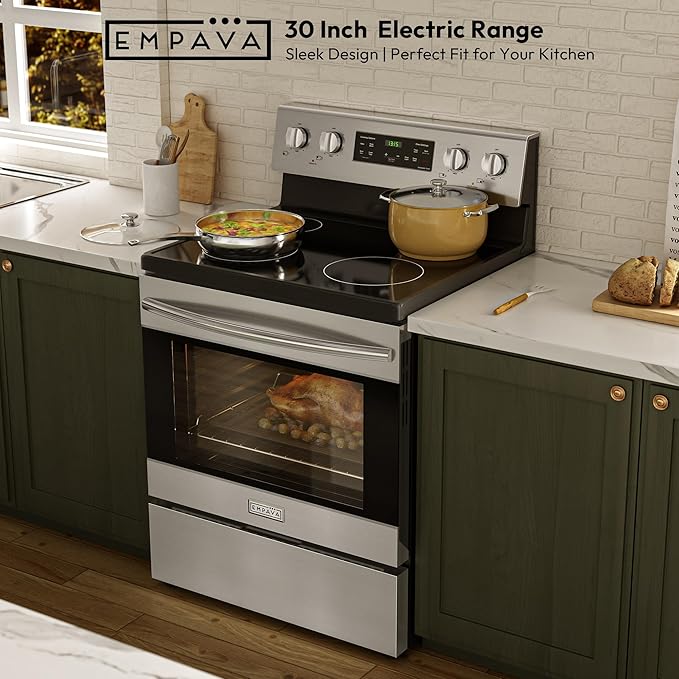 Empava 30" Electric Range,4.8 Cu.Ft Oven, Radiant Ceramic Cooktop, 4 Elements, Steam Clean, Freestanding & Slide-in Stove,Stainless Steel, 240V