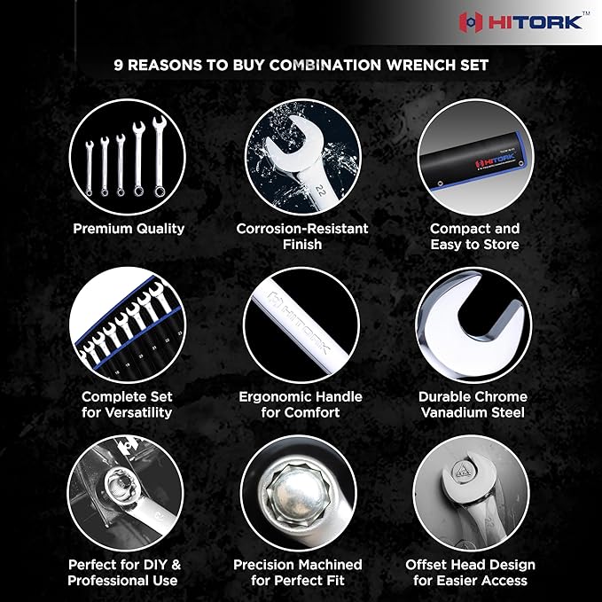 HITORK 19 Piece Metric Combination Wrench Set (6–24mm) Cr-V Steel Mirror Chrome Finish 12-Point Box End, 15° Offset, Roll-Up Pouch – Durable Open End Wrench Set for Home, Garage & Auto Repair