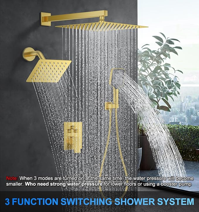 Shower Faucet Set, 12" Wall Mount Rainfall Shower System with 2 Rain Shower Head and Multi-function Handheld Head Push Button Diverter Shower Faucet Trim Kit, Brushed Gold