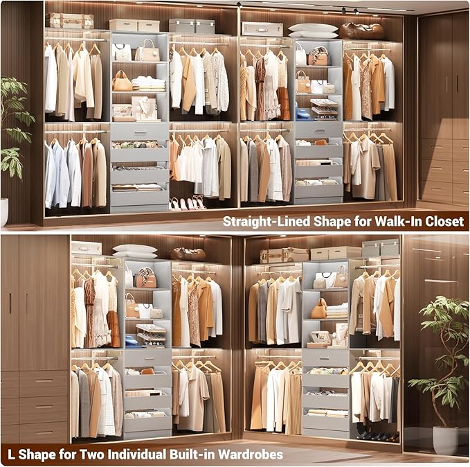Aheaplus Closet System with Drawers Set of 2, Wood Closet Organizer System with 8 Hanging Rods & Top Shelves, Walk-in Closets Organizer Wardrobe Clothes Rack System, Cut Fits Spaces 4-9FT. Wide, Grey
