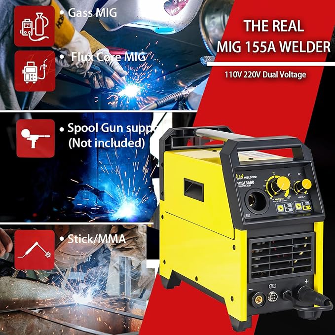Weldpro 155A MIG Welder, 110V/220V Flux Core MIG Welder/MMA/Spool Gun/Stick 4 in 1 Welding Machine with Synergy, IGBT Inverter Portable Gasless Welder Equipment, Aluminum Spool Gun Compatible