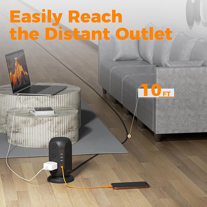 Black Surge Protector Power Strip with 4 Individual Switches, TESSAN USB C Charging Station Power Tower with Flat Extension Cord 10 Ft, 12 Outlets Black Extension Cord, Dorm Room, Office Accessories