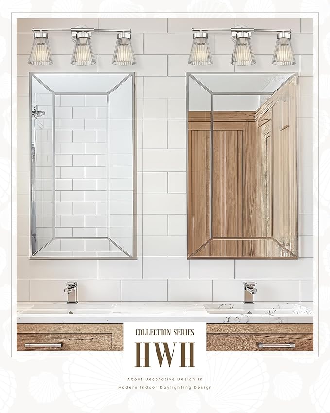 Brushed Nickel Bathroom Vanity Light, HWH 3-Light Vanity Lights for Bathroom Vanity Wall Lamp Over Mirror, Modern Vanity Light Fixtures with Striped Clear Glass, 5HZG97B-3W BN