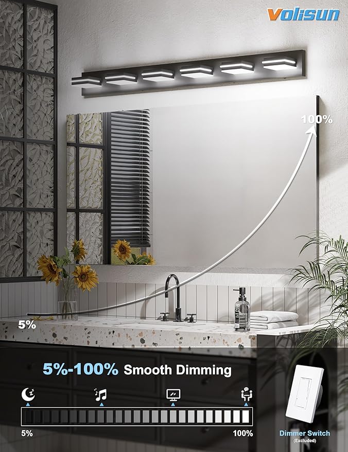 VOLISUN 5CCT Bathroom Light Fixtures Over Mirror, Dimmable, 360°Rotatable Head, 48 inch, 6 Light Bathroom Vanity Light Fixtures, Black LED Vanity Lights for Bathrooms-ETL Certificated