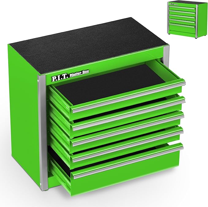 P.I.T. Mini Green Tool Box, Portable 5-Drawer Micro Roll Cab Steel Tool Box with Liner, Green Small Tool Case for Tools Storage, Home DIY