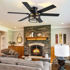 52inch Low Profile Ceiling Fan with Light and Remote,Farmhouse DIY Caged Flush Mount Ceiling Fan with Reversible DC Motor Dual Finish 6 Blades,6 Speed Black Fandelier for Patio,Bedroom,Livingroom