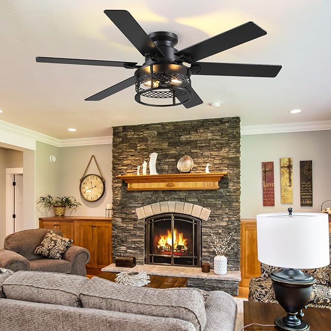 52inch Low Profile Ceiling Fan with Light and Remote,Farmhouse DIY Caged Flush Mount Ceiling Fan with Reversible DC Motor Dual Finish 6 Blades,6 Speed Black Fandelier for Patio,Bedroom,Livingroom