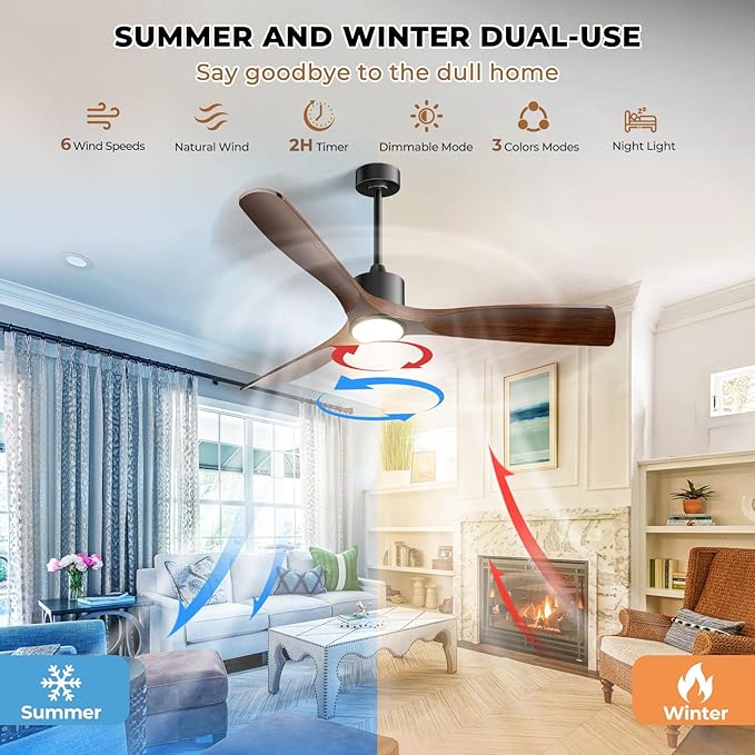 52" Smart Ceiling Fan with Lights,Outdoor Ceiling Fan Work with Alexa/Gg/App/Remote,3-Color Light Dimmable 6-Speed Quiet Reversible for Patio Porch Living Room,Dark Walnut
