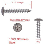 No. 12 x 1-1/2" Stainless Truss Head Phillips Wood Screw, (25 pc), 18-8 (304) Stainless Steel Sheet Metal Screws, Type A Point, Plain Finish by Bolt Dropper