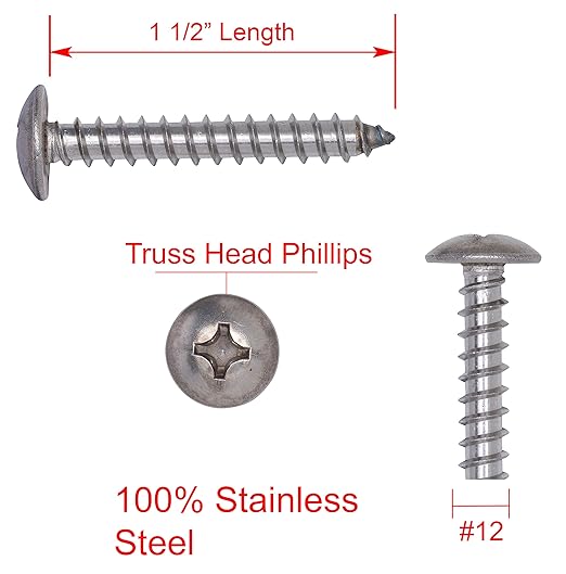 No. 12 x 1-1/2" Stainless Truss Head Phillips Wood Screw, (25 pc), 18-8 (304) Stainless Steel Sheet Metal Screws, Type A Point, Plain Finish by Bolt Dropper