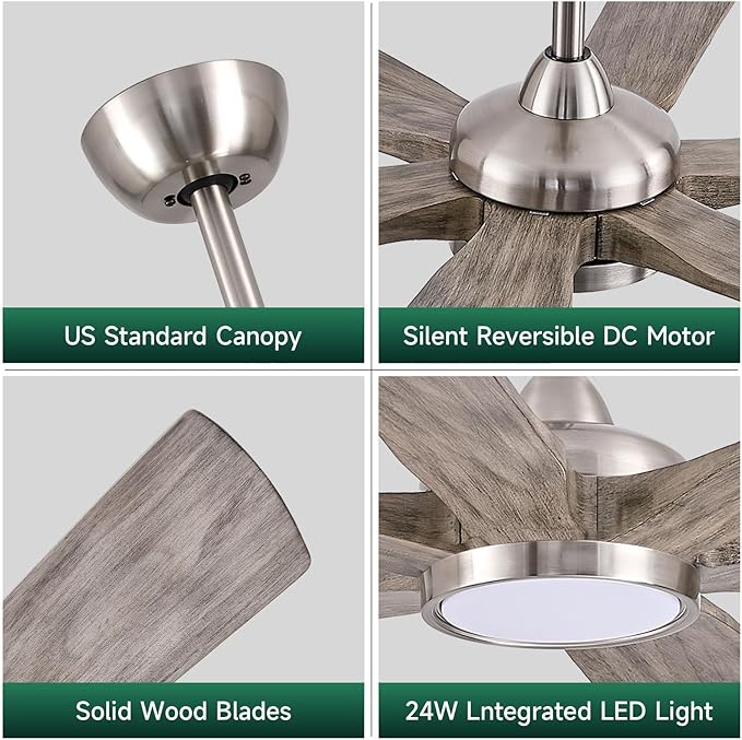 60" Indoor Outdoor Ceiling Fan with Light Remote - 6 Solid Wood Blades, High CFM Quiet Reversible Energy Efficient DC Motor, 6/12/24" Down-rod, Damp-rated for Patios Porch Gazebo Garage, Modern Gray
