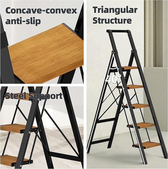 HillhutApex 5 Step Foldable Aluminum Step Ladder with Handgrip, Anti-Slip Pedal, 330 lbs Capacity, Lightweight & Portable for Home, Kitchen, Office, Garage (Black Woodgrain)