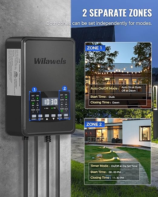 400W Low Voltage Landscape Transformer, 2 Zone Independent Control Landscape Lighting Transformer, 120VAC to 12/14V AC Low Voltage Transformer with Timer & Photocell Sensor ETL Listed D23LT06