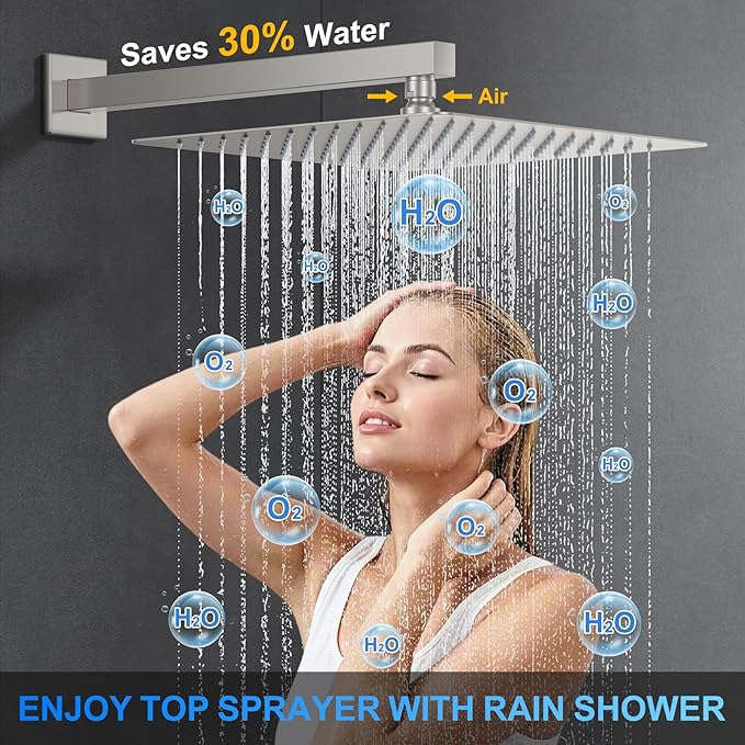 Shower Faucet Set, 12" Wall Mount Rainfall Shower System with 2 Rain Shower Head and Multi-function Handheld Head Push Button Diverter Shower Faucet Trim Kit, Brushed Nickel