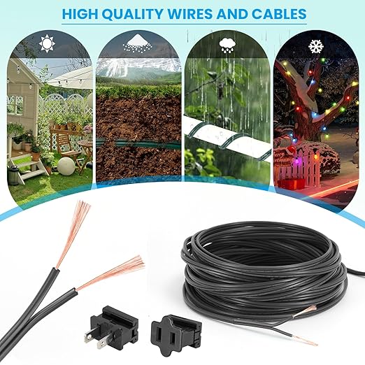 SPT-2 Wire 100FT with 6 Vampire Plugs 18 Gauge Pure Copper Stranded Wire for Indoor Low Voltage Appliances Power Cord Outdoor Direct Burial Waterproof Zip Cord (Black)