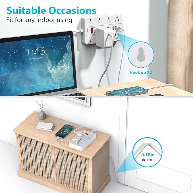 Power Strip Surge Protector with 6 USB (1USB C) Ports,AOFO 5 ft Extension Cord Flat Plug with 8 Widely Spaced Outlets,Wall Mountable Charging Station for Phone Tablet Laptop Computer Multiple Devices