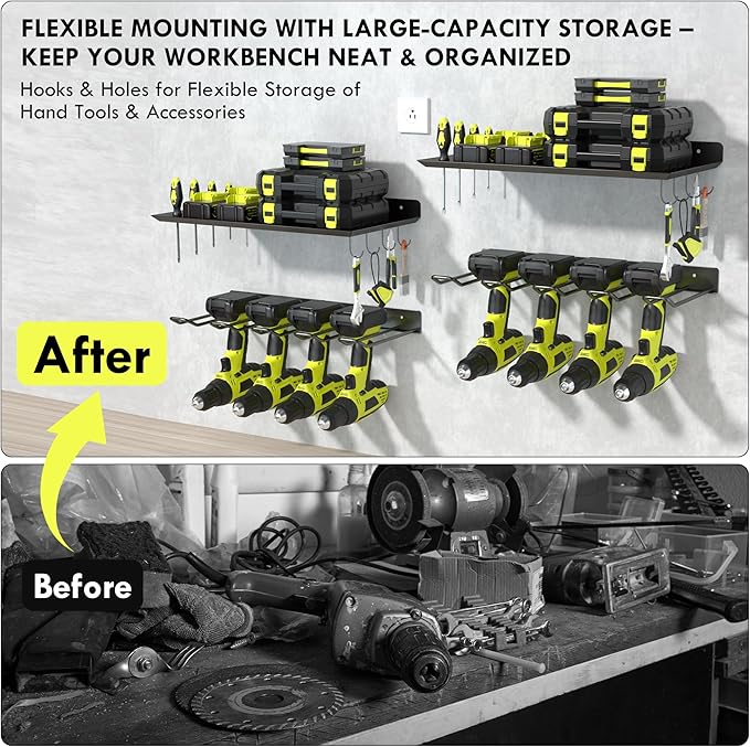 KSVO Wall Mount Power Tool Organizer, Metal Drill Holder for Garage, Workshop, and Shed, Heavy Duty Tool Storage Rack for Handheld & Cordless Tools (Black)