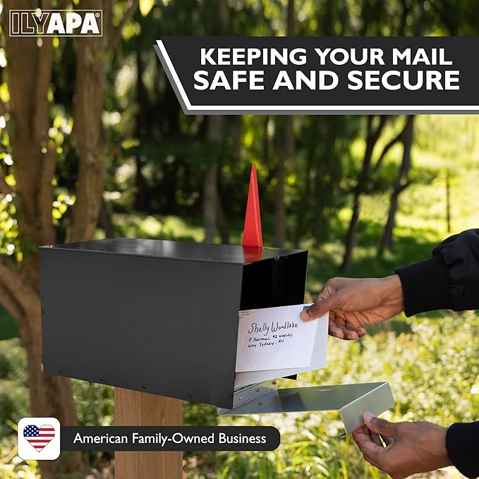 Ilyapa Modern Mailbox for Post Mount - Black with Gray Door Powder Coated Steel, Waterproof Letter Box for Parcels, with Recessed Magnetic Close Door