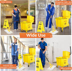 38 Qt Commercial Mop Bucket with Side Press Wringer on Wheels,Yellow Industrial Mops and Bucket Set for Floor Cleaning,Including 1 Industrial Mop and Wet Floor Caution Sign,Beyoco
